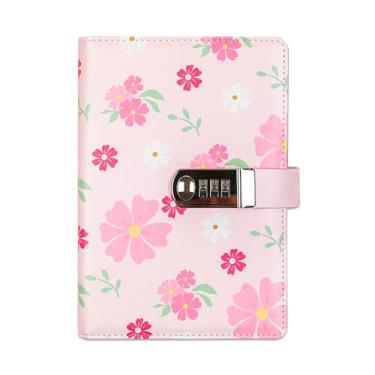 Imagem de WREWING Diário de senha floral com cadeado, caderno recarregável A5, 224 páginas, cadernos de couro PU, diário bloqueado por senha para mulheres e adolescentes, diário secreto floral para viagens de