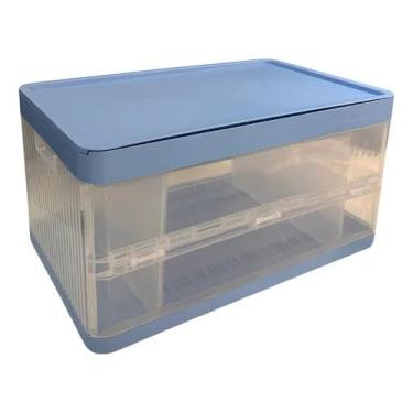 Imagem de Caixa Organizadora 21 Litros com Tampa e 2 Divisórias Removíveis – Empilhável, Transparente com Tampa Azul – Plástico PP Resistente para Armário, Quarto ou Escritório