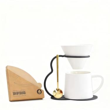 Imagem de chooguang Conjunto de cafeteira de cerâmica com filtro de papel V60, suporte de metal, 270 ml, gotejador de café, branco