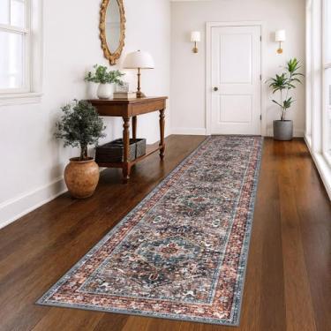 Imagem de KOZYFLY Tapete de área 10 x 3,5 m lavável Boho Runner tapete para entrada corredor interior impresso tapete de lã sintética para cozinha quarto hall, tijolo vermelho/laranja/verde