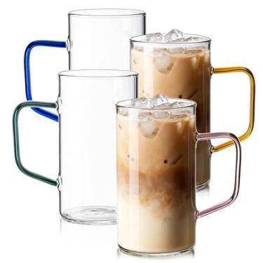 Imagem de COMI Conjunto de 4 canecas de café de vidro, grandes xícaras de café transparentes de 500 ml com alças coloridas, design soprado à mão e sem costura, resistente ao calor e à prova de explosão, canecas