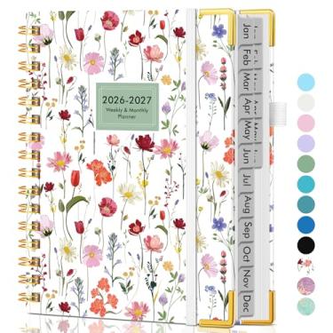 Imagem de Agenda A5 18 meses semanal e mensal 2026-2027, janeiro de 2026 a junho de 2027, agenda de capa dura, agenda semanal e mensal com aba, agenda em espiral para trabalho, escola, casa, flor branca