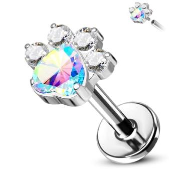 Imagem de CM Crareesi Mania Brinco de titânio com costas planas 16G rosca interna Helix Cartilagem Brincos Dog Paw Tragus Conch Forward Helix Piercing Joia para mulheres, Titânio, Zircônia cúbica