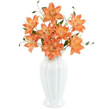 Imagem de DuHouse 6 peças de flores de lírio artificiais, lírios falsos, flores de seda para vaso de mesa, buquês de casamento, festa e decoração de casa (laranja)
