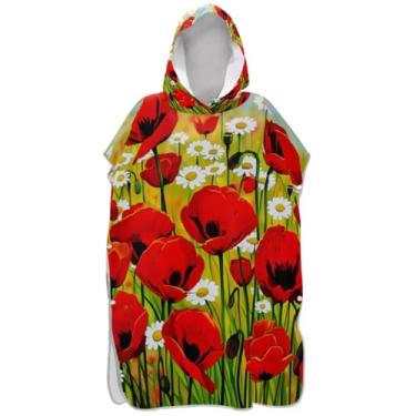 Imagem de Joisal Roupão para adultos poncho de surfe toalha de banho com capuz absorvente homens mulheres poncho com capuz flor vermelha colorida