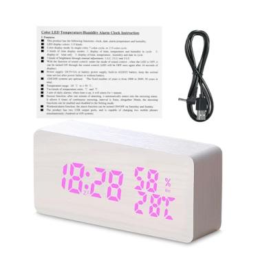 Imagem de Relógio de Alarme Madeira 115-LED Colorido Digital Mesa com Display Umidade Temperatura e Data Brilho Ajustável Função Controle por Voz 2 Portas USB A