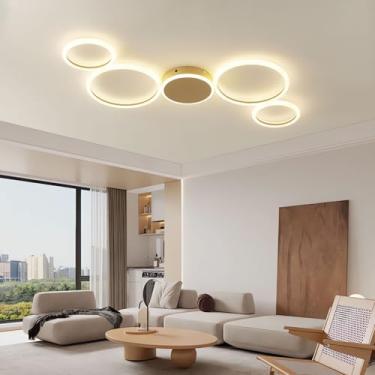 Imagem de Luminária de teto LED moderna preta, com 5 anéis de LED, controle remoto e intensidade de luz ajustável de 3000 a 6500K, ideal para sala de estar, escritório, sala de jantar e outros ambient