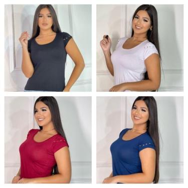 Imagem de kit 4 Blusas feminina básica t-shirt detalhe na manga - GK Toda Bela, 