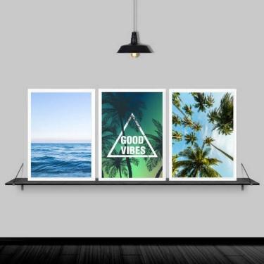 Imagem de Kit 3 Quadros Praia Mar Coqueiro Good Vibes 24X18Cm - Branca