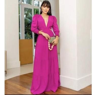 Imagem de Vestido Feminino Longo Manga Longa Decote V Profundo Casamento Crepe L