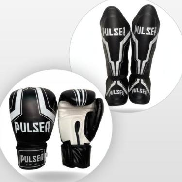Imagem de Kit Caneleiras 30 MM e Luvas de Boxe Muay Thai Preto Iron Branco Pulse
