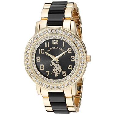 Imagem de U.S. Polo Assn. Relógio feminino dourado com mostrador preto e bisel de cristal – Relógio analógico de quartzo com pulseira de elos de dois tons, serve para pulsos de 14 a 20 cm com caixa de presente
