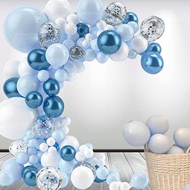 Imagem de Kit de arco de guirlanda de balões azuis, 109 peças de confete azul macaron e balões de prata branco metálico para chá de bebê, festa de aniversário, casamento, formatura, artigos de decoração