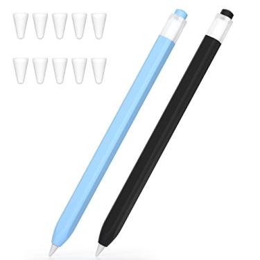 Imagem de JOOSKO Capa compatível com Apple Pencil de 1ª geração, 2 unidades, design clássico, protetor de lápis de silicone macio e leve e capa com ponta de 10 lápis (preta, azul celeste)