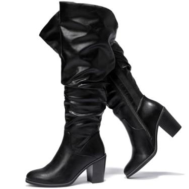 Imagem de Luoika Botas femininas extra largas na altura do joelho de cowgirl, cano alto, largo, cano alto, salto grosso, botas ocidentais plus size., Blackpu209, 8 X-Wide