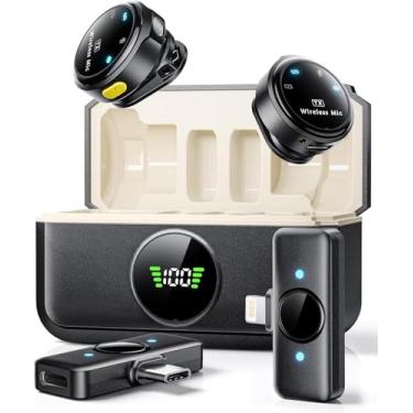 Imagem de Microfone de lapela sem fio para iPhone/Android, microfones de lapela com plugue Lightning/USB-C Plug-Play, alcance de 4,5 m, microfone condensador omnidirecional para gravação de vídeo,