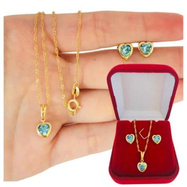 Imagem de Conjunto Cordão e Brinco Feminino Coração Zircônia Azul Dourado Banhad