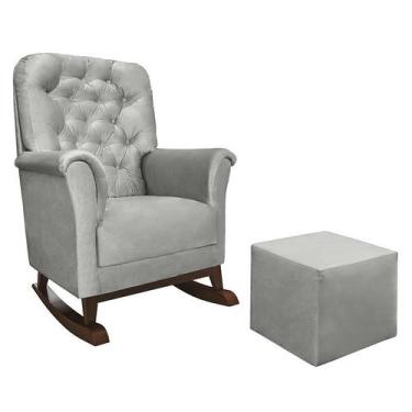 Imagem de Poltrona de Amamentação com Balanço Agatha Pé Canoa e Puff Veludo Cinz