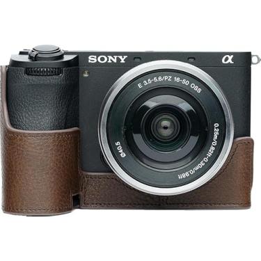 Imagem de Capa para câmera A6700, capa BMAOLLONGB feita à mão de couro genuíno para meia câmera para Sony Alpha A6700 versão abertura inferior da câmera + alça de mão (café)