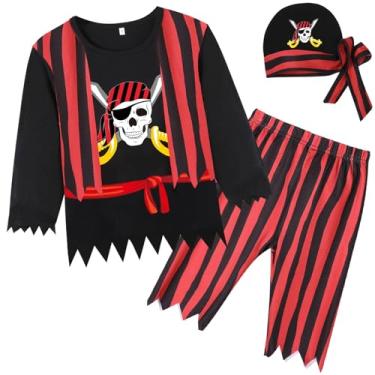 Imagem de Xuomuen Fantasia infantil infantil de pirata de Halloween com chapéu, fantasia longa de capitão bucaneiro infantil com acessório de cabeça, 3T