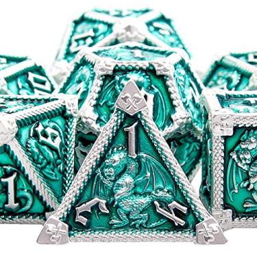 Imagem de AUSTOR 7-Die Metal DND Dice Set Dungeons and Dragons Polyhedral Roll Playing Dice with Box D20 D12 D10 D% D8 D6 D4 for Pathfinder MTG RPG Board Games