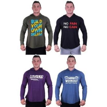 Imagem de Kit 4 Camisetas Manga Longa com Touca Longline Estampada Treino Academia Lazer Casual-Masculino