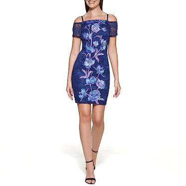 Imagem de GUESS Minivestido feminino de malha enfeitado com estampa ombro de fora, Azul-marinho multi, 40