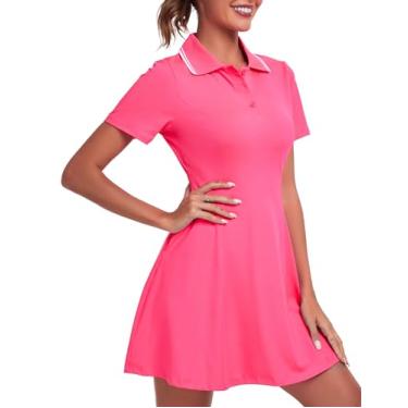 Imagem de FKEEP Vestido feminino de golfe, tênis, treino, atlético, com shorts/manga curta/bolso, 05 Rosa neon, M