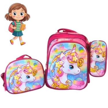Imagem de Conjunto Lancheira Mochila E Estojo Unicórnio Rosa Brilhante Perfeito 