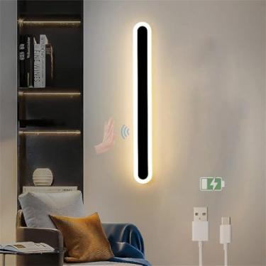 Imagem de Luminária de parede interna LED com interruptor de varredura manual, sensor de movimento, arandelas de parede, preta, recarregável por USB, luz de parede, alimentada por bateria, linear, 270