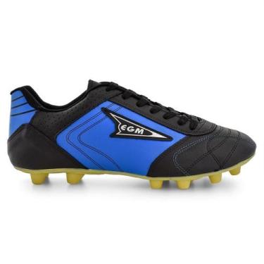 Imagem de Chuteira Couro EGM Masculina Cordoba Trava Fixa Preta e Azul, 38, Pret