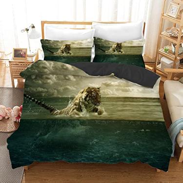 Imagem de Capa de edredom tamanho king size cinza tigre infantil conjunto de cama de microfibra macia King com fecho de zíper, conjunto de colchas reversíveis, 1 capa de colcha 264 x 228 cm + 2 fronhas