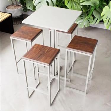 Imagem de Conjunto Mesa Alta Bar Bistrô Quadrada Branca 4 Bancos Imbuia Industrial White