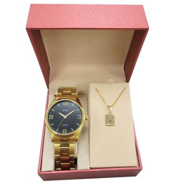 Imagem de Conjunto Relógio Feminino Skmei Analógico 3001 Dourado com Colar e Pingente