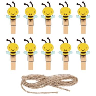 Imagem de FYSUIMU 50 peças de clipe de madeira de abelha com barbante de juta bonito prendedor de roupa para artesanato decorativo foto pendurada pino para cartão de verão arte DIY suprimentos