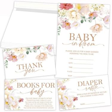 Imagem de LNOKRIM Convites de chá de bebê de flores, decorações de chá de bebê, cartões de convite de sorteio de fraldas incluídos com envelopes cartões de solicitação de livros cartão de agradecimento 20 peças
