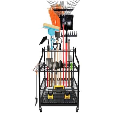 Imagem de HobbyField Organizador de ferramentas de jardim, rack de armazenamento de ferramentas para garagem, galpão e uso externo, suporte de ferramentas particionado para ancinhos, pás, vassouras e muito mais