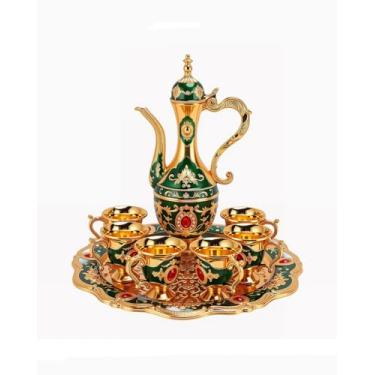 Imagem de Conjunto de xícaras de café turco vintage com bandeja e 6 xícaras retrô conjunto de panelas de café requintado conjunto de pote de vinho decorativo vintage conjunto de serviço de chá para decoração de