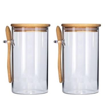 Imagem de Yangzi - Jogo 2 Potes Vidro Hermético 870ml com Tampa Bambu e Colher Bambu - Tuut