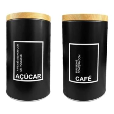 Imagem de Conjunto de Potes Herméticos Redondo para Café e Açúcar Metal Preto Fosco com Tampa na Cor Bambu Natural Decorativo Elegante Moderno Sofisticado Resistente e Boa Capacidade de Armazenamento
