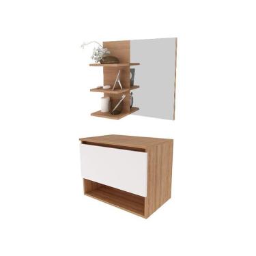 Imagem de Balcão Gabinete Suspenso Bn3606 Com Espelho Para Banheiro Bn3608 Amendoa Branco - Tecnomobili