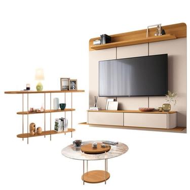 Imagem de Home Suspenso Galax Cinamomo Off White E Aparador Infinity E Mesa De Centro Sky Com Tampo De Vidro Cinamomo- Hb Móveis