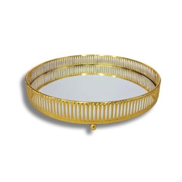 Imagem de Bandeja Luxo Espelhada Redonda de Metal Estampa Grelha para Decoração de Banheiro, Lavabo e Casa (Dourada)