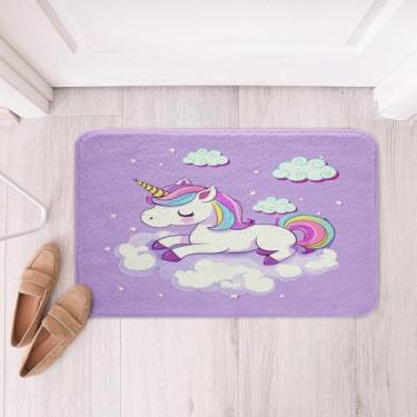 Imagem de Tapete de unicórnio para meninas, tapete de banheiro de unicórnio, tapete de banheiro para decoração de animais de fada, tapete para crianças, meninas, arco-íris, macio, salsicha, quarto, sala de estar, cozinha, capachos, roxo, 40,64 x 61 cm