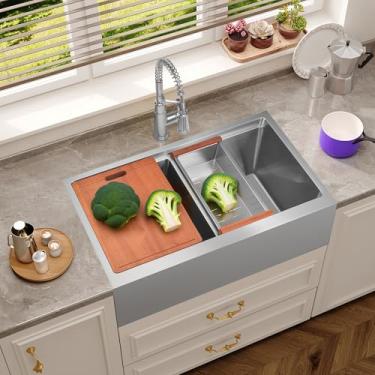 Imagem de Tigela dupla para pia de fazenda 33 - Kitsitchen Avental de 83 cm tigela dupla frontal de aço inoxidável 50/50 com borda 50/50 Pia de cozinha feita à mão