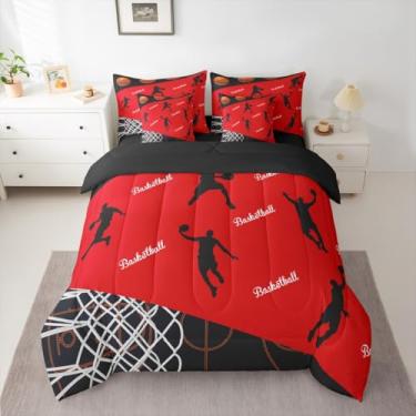 Imagem de Manfei Jogo de cama com edredom infantil de basquete, 7 peças, decoração de jogos esportivos de bola para todas as estações, preto e vermelho (elástico + lençol + 2 fronhas + 2 fronhas de travesseiro)