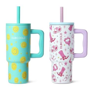 Imagem de DLOCCOLD Copo infantil de 680 g com alça e tampa de canudo de silicone, copo isolado à prova de vazamento com tampa resistente a derramamentos, caneca reutilizável de aço inoxidável para meninos e