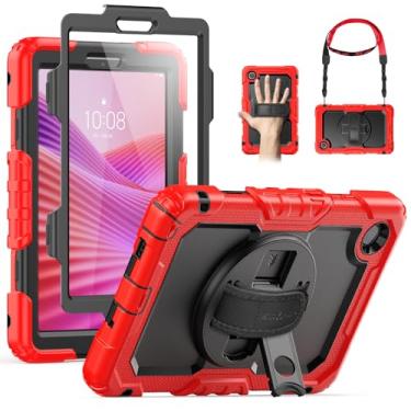 Imagem de SEYMAC Capa para Lenovo Tab One 22.1 cm/ K9 TB305FU (2025), capa protetora resistente à prova de choque com protetor de tela, suporte, alça de mão/ombro e suporte para caneta, vermelha
