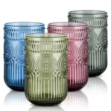 Imagem de Joeyan Conjunto de copos vintage de 120 ml, copos de água de vidro alto com contas de girassol em relevo, copos românticos coloridos para bebidas, suco de coquetel, vinho, multicolorido, lavável na