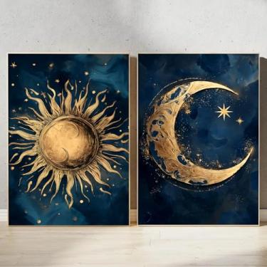 Imagem de Sol Lua Estrelas Imagens Arte Celestial Escuro Baralho de Tarô Bela Obra de Arte Midnight Moon Poster Vintage Celestial Impressão Boho Sol Pintura Gótica Mística Arte de Parede Dark Academia Paisagem